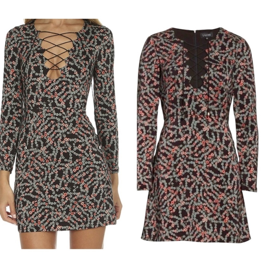 Saloni Nurul Floral Print lace-up V neck Long Sleeve Bodycon Mini Dress Size 6 - Picture 10 of 13